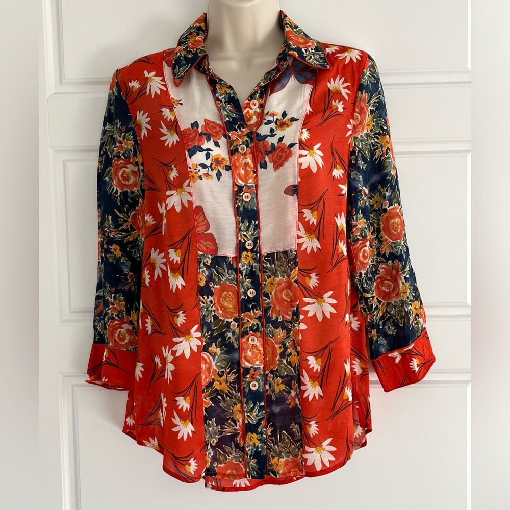 Multiples Floral Patchwork Button Up Blouse Shirt… - image 1